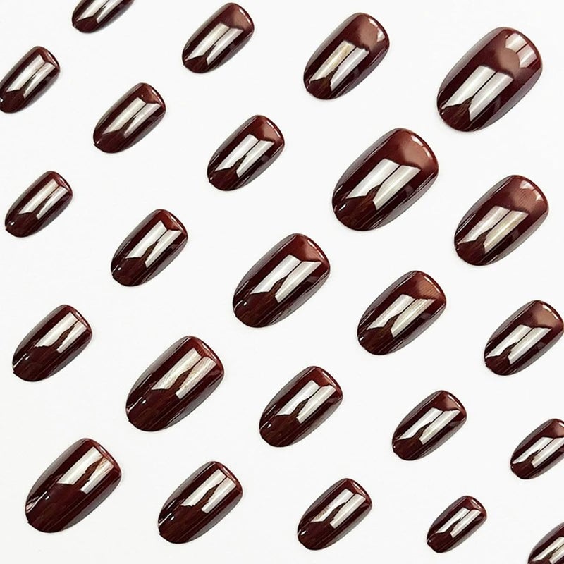 juggssa Short Press on Nails Oval Fake Nails Coffee Brown Acrylic Glue on Nails Almond Shape Magic Mirror Gel Acrylic Press on False Nail Kit Full Cover Reusable Stick on Nails for Women Girls 24PCS - Image 3